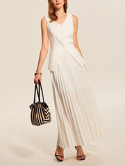 Buttoned Vest Pleated Skirt Set