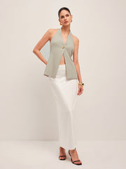Halter Neck Metal Button Detail Backless Vest