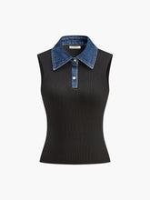 Denim Collar Ribbed Sleeveless Top