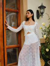 Semi-Sheer Lace Ruffled Trim Buttoned Crop Top