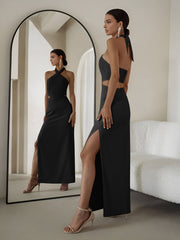 Crisscross Cutout Halter Split Knit Long Dress