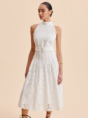 Lace Eyelet Belted A-Line Dress