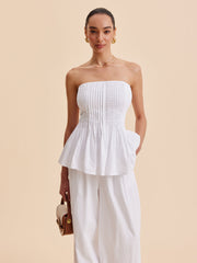 Cotton Pleated Strapless Peplum Top