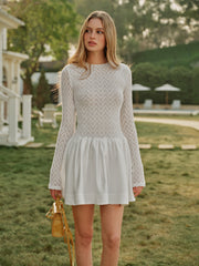 Semi-Sheer Lace Satin Panel Long Sleeve Dress