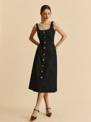 Square Neck Denim Button Dress