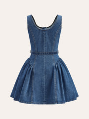 Denim Belted Button-Front Pleated Dress