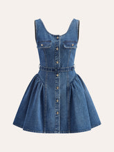 Denim Belted Button-Front Pleated Dress