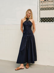 Halter Cross-Over Collar Zipper Decor-Pockets Dress