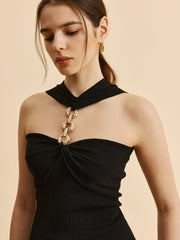 Halter Neck Chain Detail Knit Top
