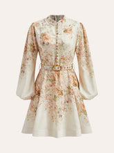 Cotton & Linen Puff Sleeve Floral Belted Dress