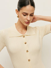 Knit Hollow Buttoned Polo Dress