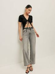 Ribbed Tie Front Short Sleeve Top