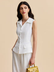 Pockets Buttoned Sleeveless Pants Set