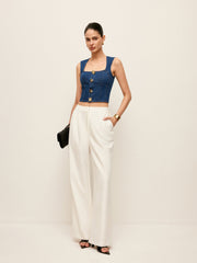 Cotton Square Neck Button Detail Denim Top