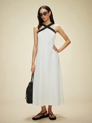 Semi-Sheer Cotton & Linen Backless Halter Dress