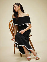 Color Block Off-Shoulder Ruffled Knit Dress