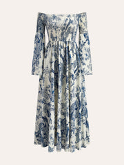 Print Off-Shoulder Smocked Sleeve Dress