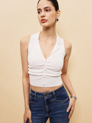Sleeveless Button-Front Crop Sweater Vest