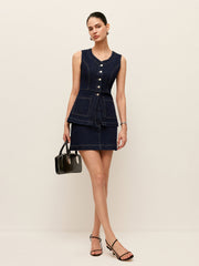 Denim Button-Front Vest With Pockets