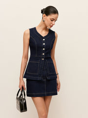 Denim Button-Front Vest With Pockets