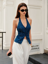 Halter Neck Button Detail Denim Top