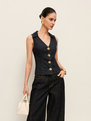 Denim Collared Vest With Floral Button Detail