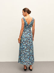 Floral Lettuce Trim V-Neck Zipper Dress