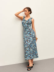 Floral Lettuce Trim V-Neck Zipper Dress