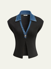 Denim Trim Ribbed Knit Top