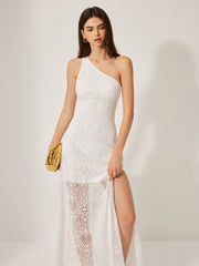 Semi-Sheer Lace One-Shoulder Dress