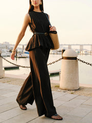Peplum Top Wide-Leg Pants Set With Belt