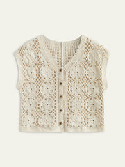 Semi-Sheer Jacquard Cut-Out V-Neck Tank Top