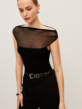 Semi-Sheer Mesh Panel Boat Neck T-Shirt