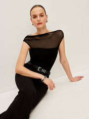 Semi-Sheer Mesh Panel Boat Neck T-Shirt