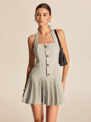 Metal Tie-Neck Zipper Pleated Short Dress