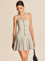 Metal Tie-Neck Zipper Pleated Short Dress