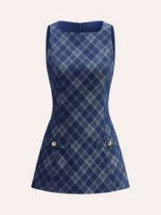 Metal Button Crew-Neck Decor-Pockets Denim Dress