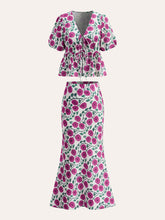 Boho V-Neck Drawstring Puff Sleeve Skirt Set