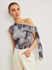 Boho Print Asymmetrical Neck Mesh Draped Blouse