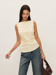 Cotton Solid Boat Neck Ruched Waist Sleeveless Blouse