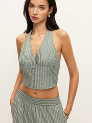 Striped Button-Detail Halter Top With Pants Set