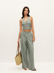 Striped Button-Detail Halter Top With Pants Set