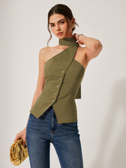 Cotton & Linen Halter Top With Decor Pockets