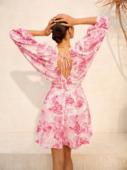 Floral Puff Sleeve Ruched V-Neck Dress