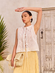 Semi-Sheer Embroidered Lace Tie Blouse