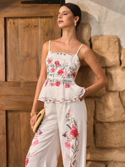 Floral Peplum Top With Pants Set