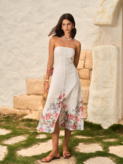 Strapless Floral Print Dress With Decor Buttons