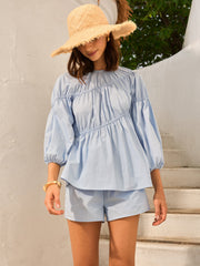 Cotton-Blend Puff Sleeve Top With Shorts Set
