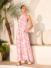 Halter Neck Printed Backless Dress With Pockets