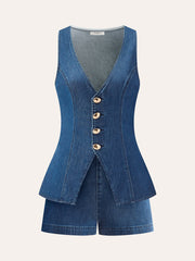 Metal Button Tie-Back Denim V-Neck Shorts Set